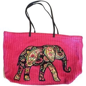 Vera Bradley Pink Paisley Elephant Patch Woven Large Tote Bag